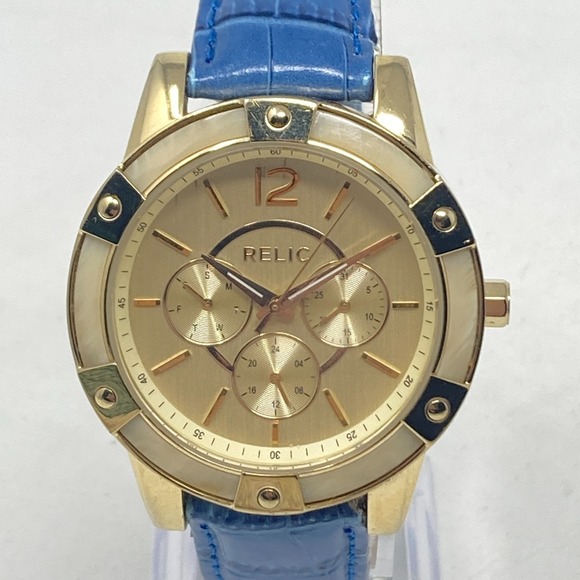 Relic Watch Women 40mm Gold Tone Day Date Resin Bezel Leather New Battery 8.5" - Picture 1 of 15